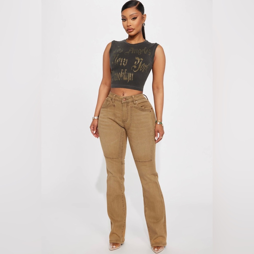 Fashion Nova Tan Flare Leg Jeans